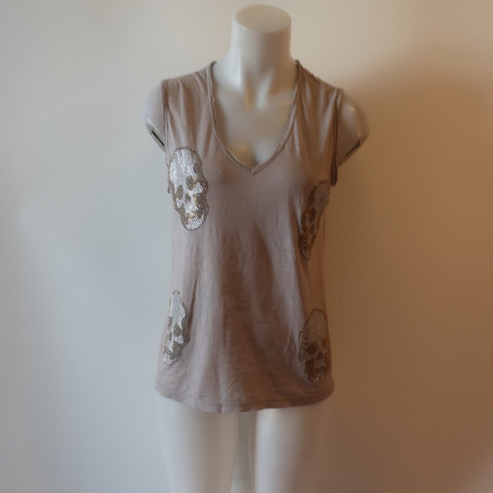 Womens E.vil Taupe Silver Bedazzled Skull Design T-Shirt Muscle Tank Top S *